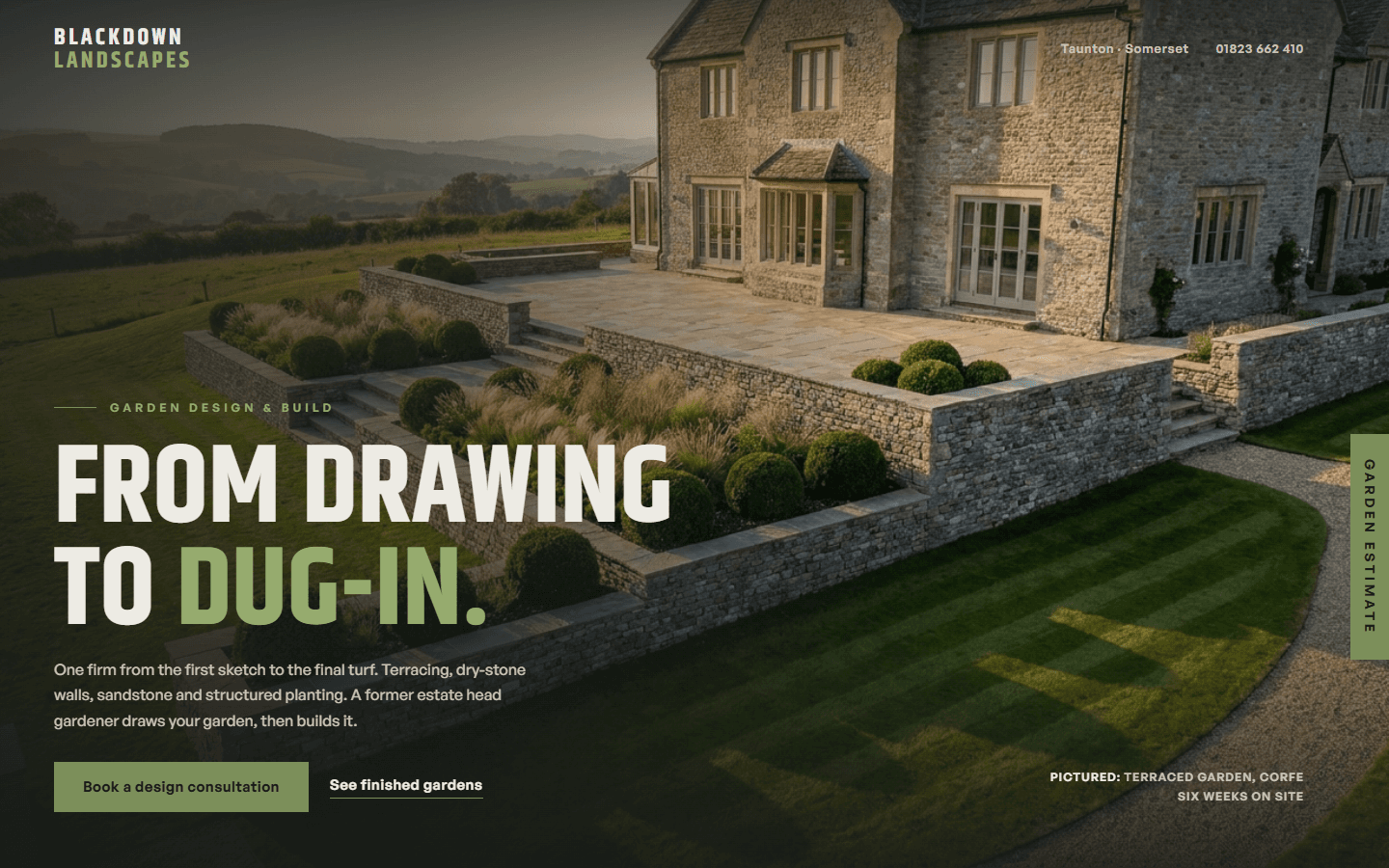 Blackdown Landscapes website, full hero view on desktop