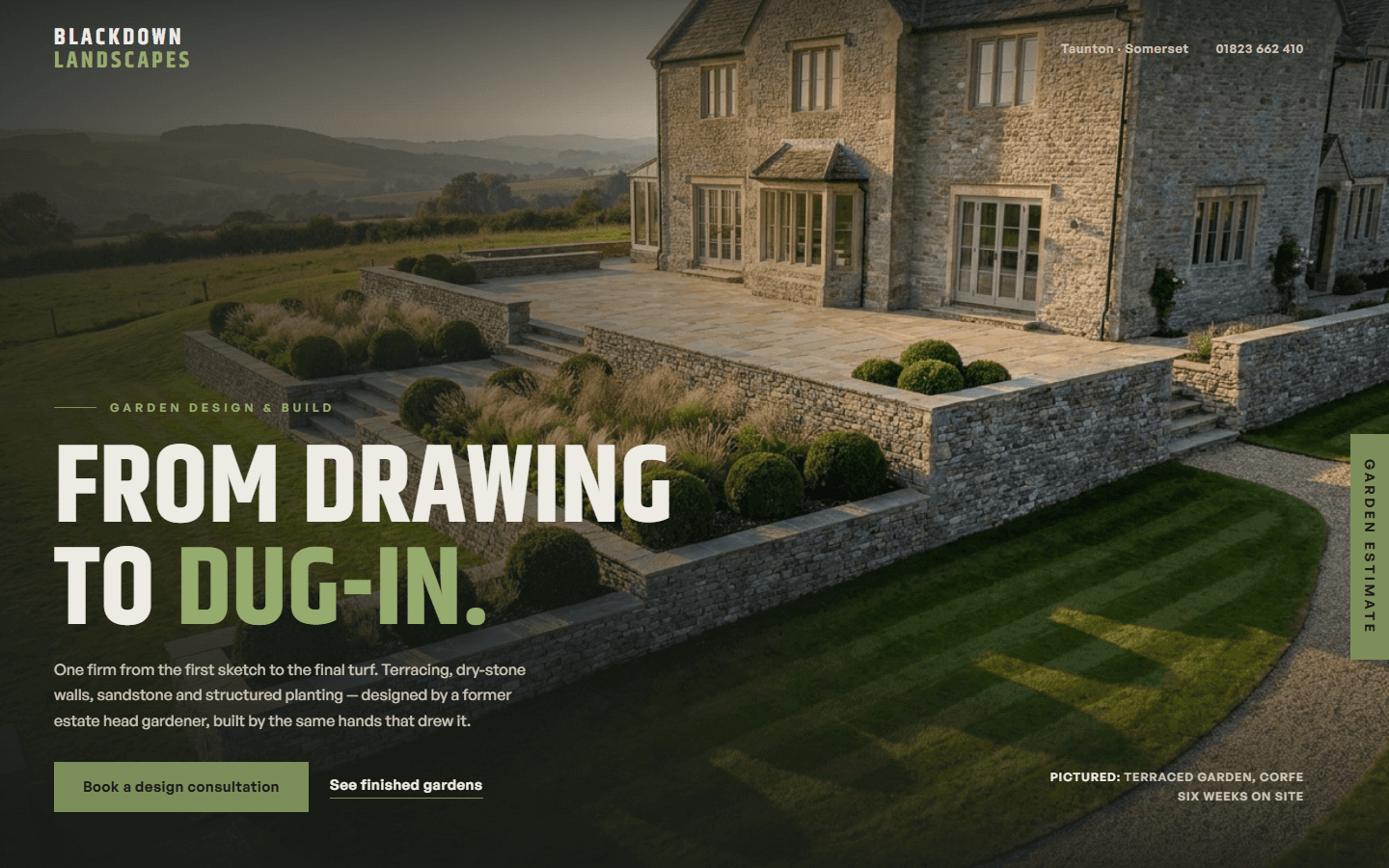 Blackdown Landscapes website, full hero view on desktop