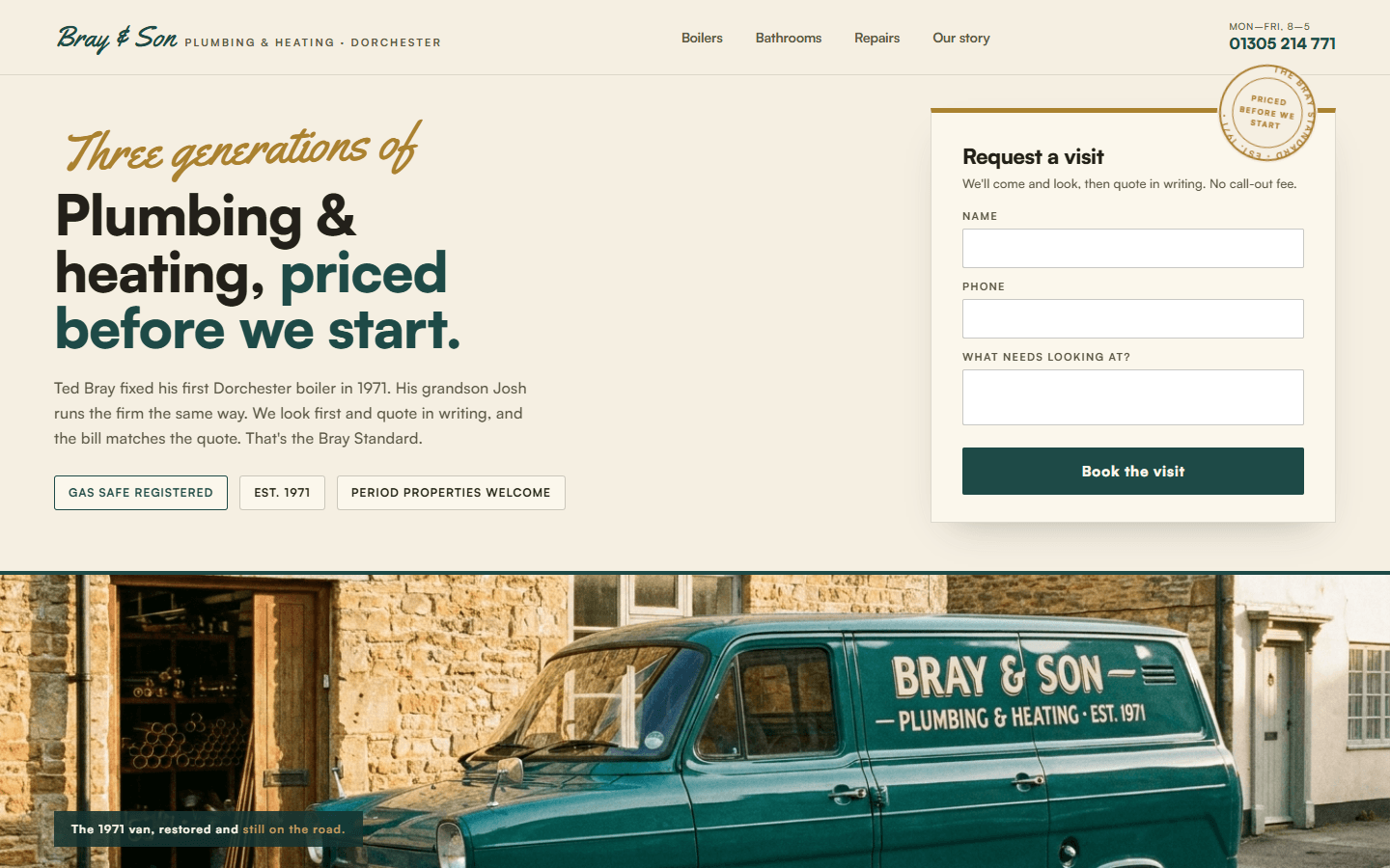 Bray & Son Plumbing & Heating website, full hero view on desktop