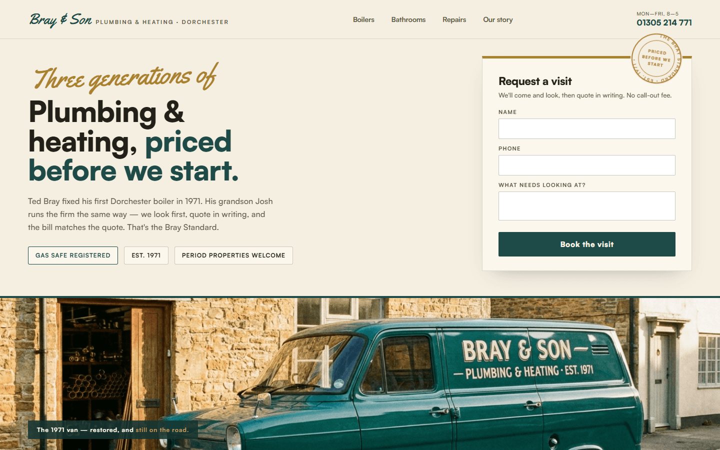 Bray & Son Plumbing & Heating website, full hero view on desktop