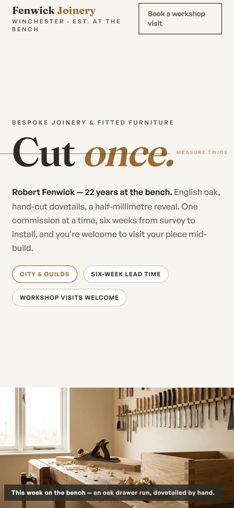 Fenwick Joinery website, full hero view on mobile