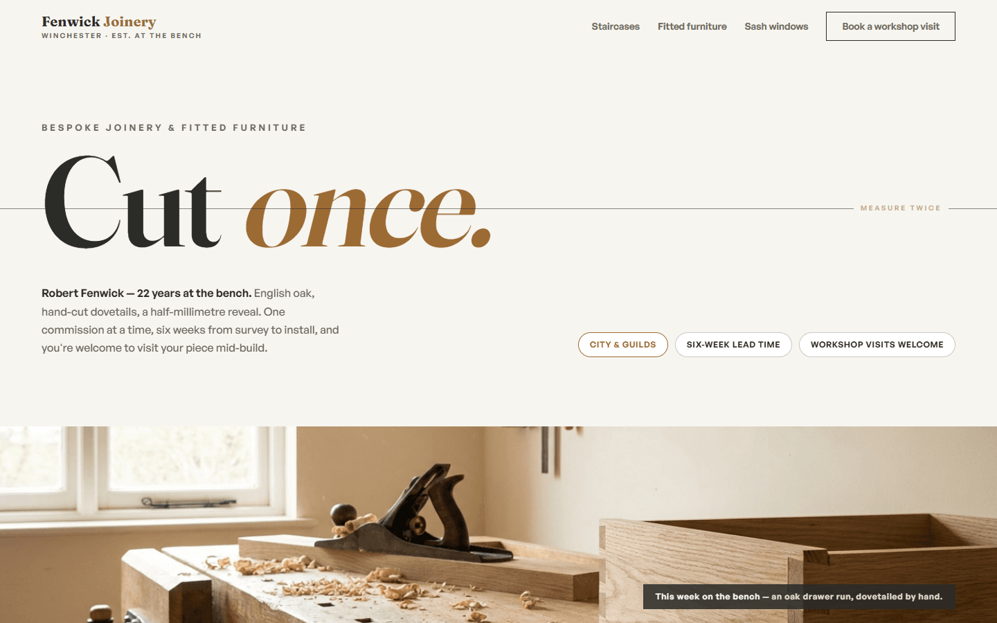 Fenwick Joinery website, full hero view on desktop