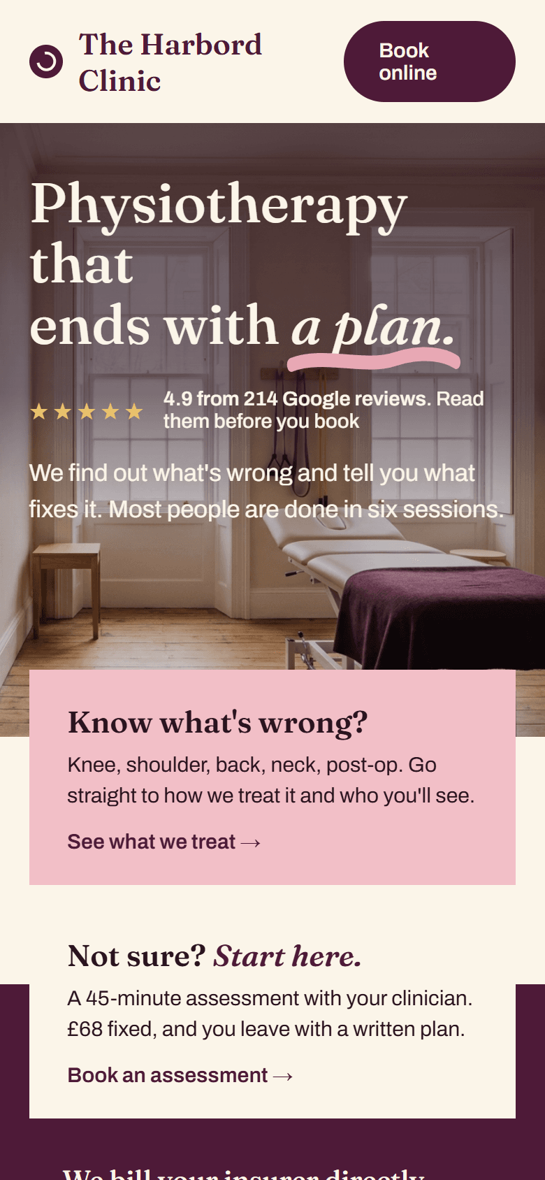 The Harbord Clinic website, full hero view on mobile