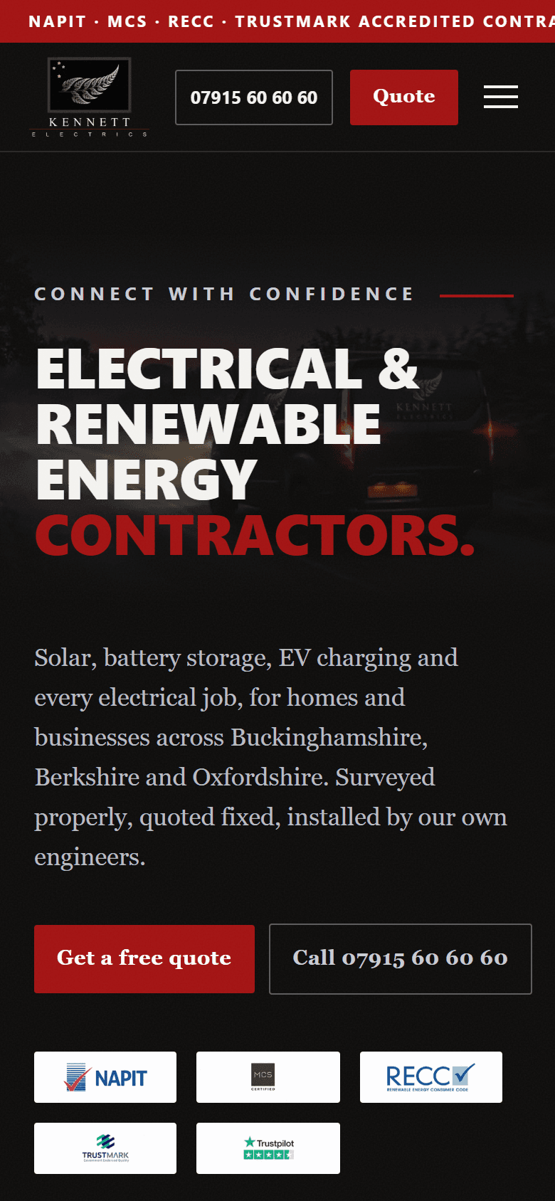 Kennett Electrics website, full hero view on mobile