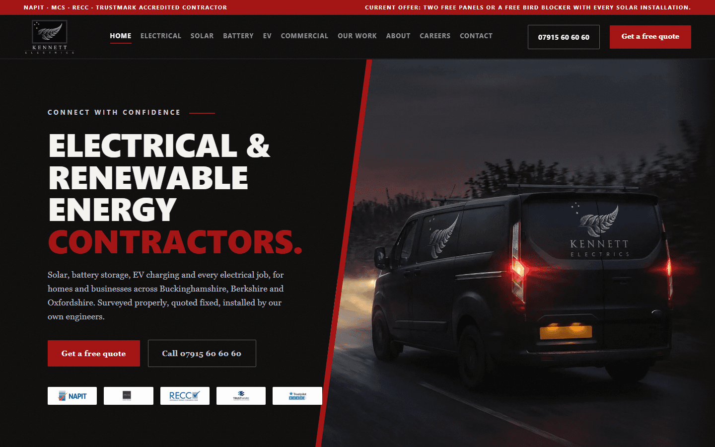 Kennett Electrics website, full hero view on desktop